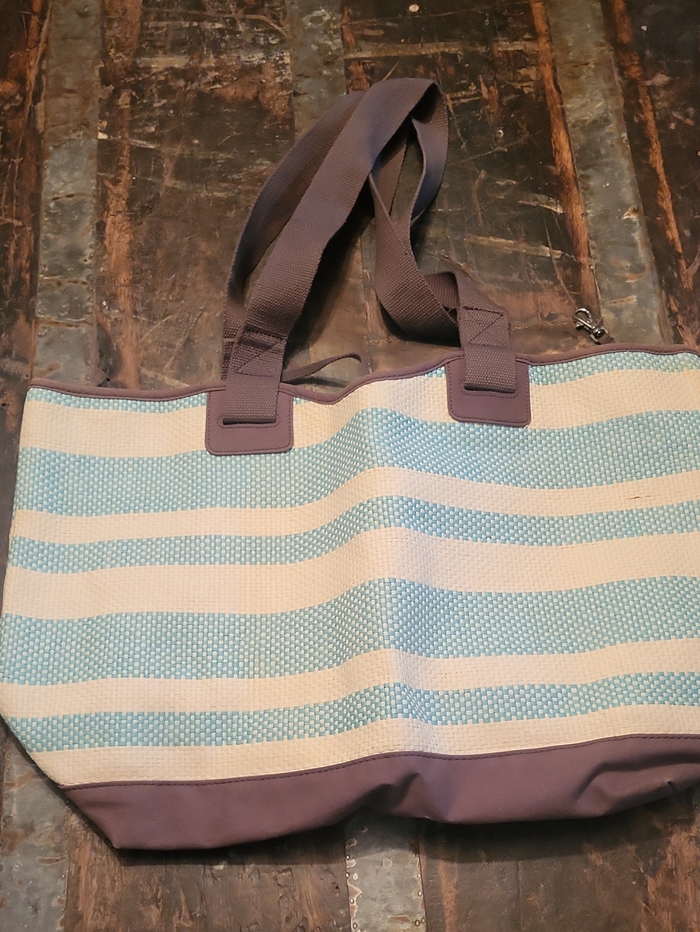 thirty-one Blue and Cream Striped Tote with Purple Trim